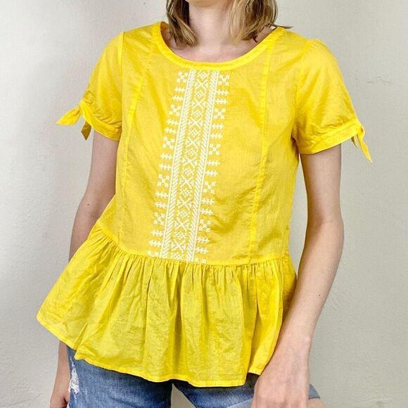 J. Crew Yellow & White Cross Stitch Embroidered Peasant Peplum Blouse Top Size 2 - Picture 1 of 7